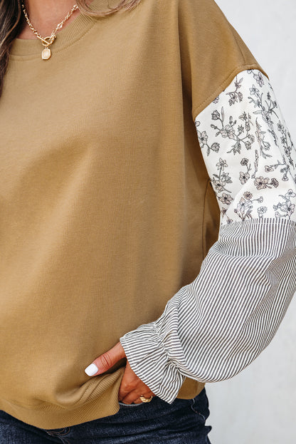 Floral Stripe Patchwork Ruffle Sleeve Crewneck Sweatshirt