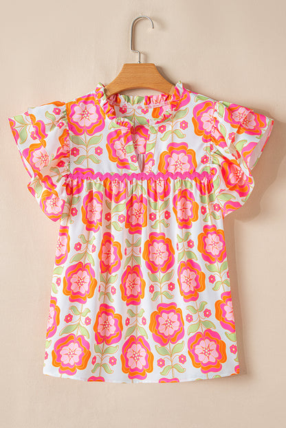 Floral Ricrac Trim  Ruffle Sleeve Blouse