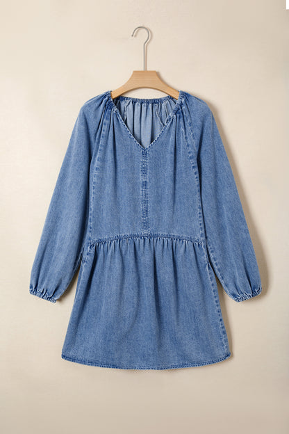 Denim Puff Sleeve Tie V-Neck Ruffle Dress