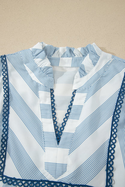 Stripe Lace Trim V-Neck Ruffle Midi Dress