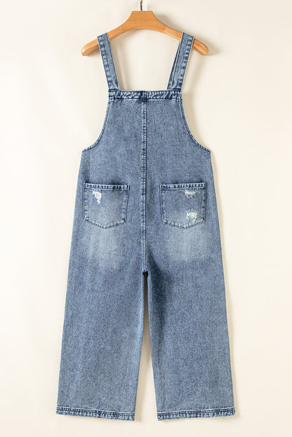 Solid Denim Distressed Bib Pocket Wide Leg Overall