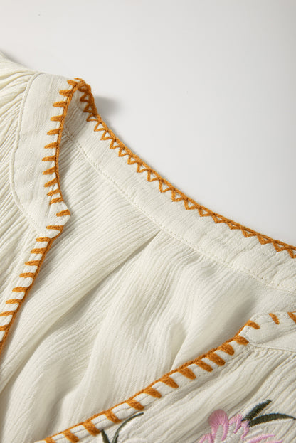 Floral Embroidered Textured Puff Sleeve Shirt