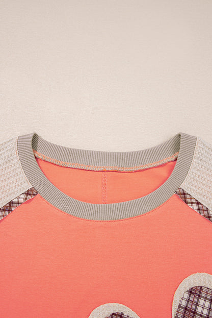 Plaid Flower Waffle Knit Patchwork 3/4 Sleeve Top