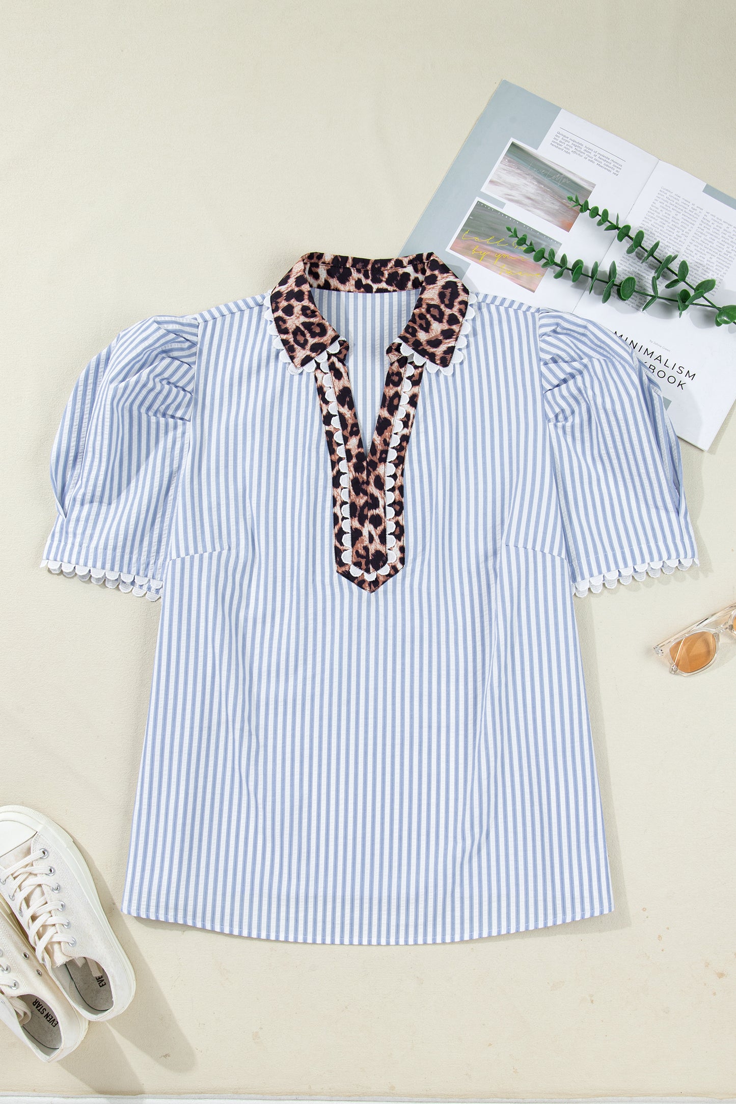 Plus Size Leopard Collar Stripe Bubble Sleeve Blouse