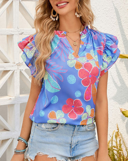 Floral Flutter Sleeve V-Neck Top