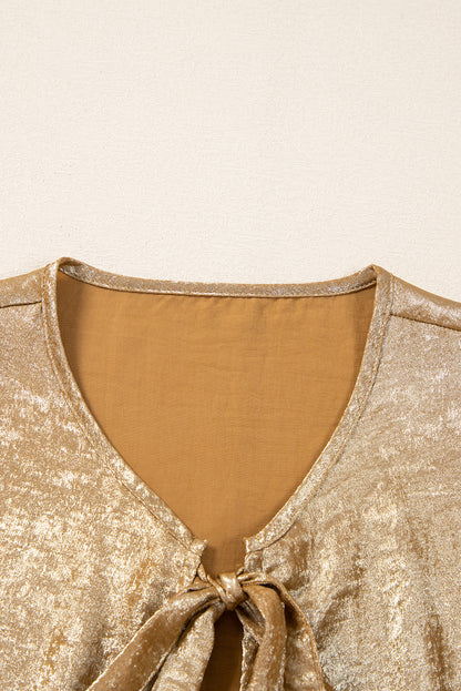 Metallic Tie Front 3/4 Puff Sleeve Peplum Blouse