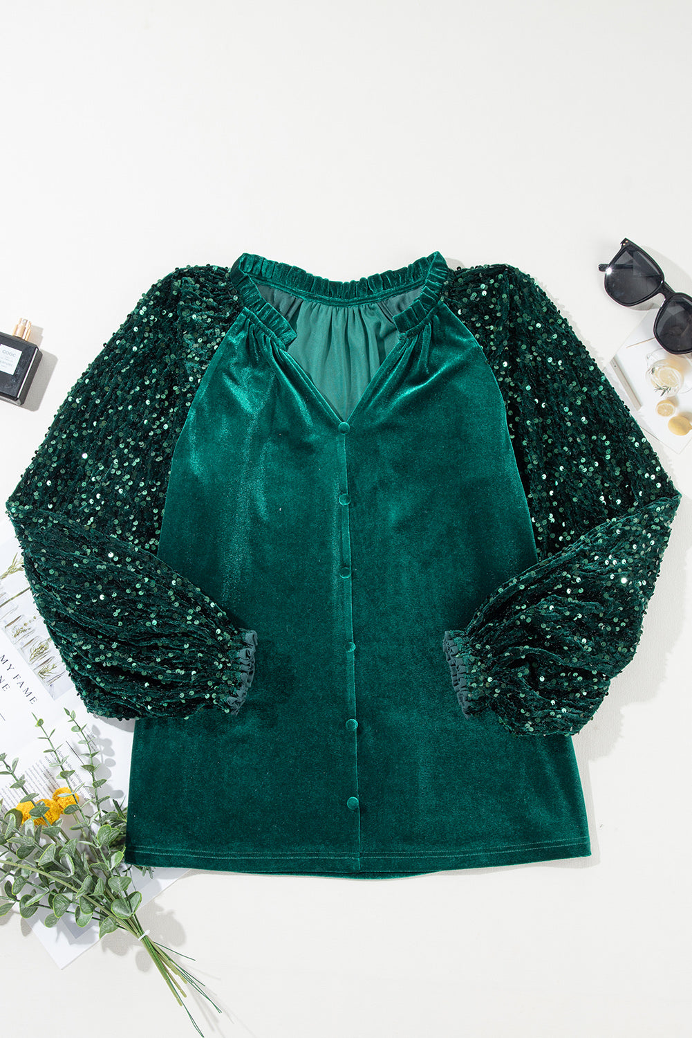 Sequin Velvet Buttoned V-Neck Top