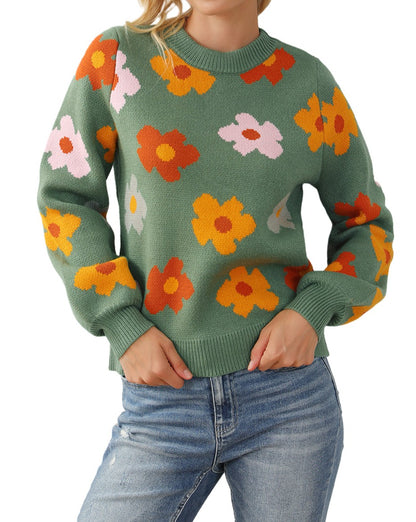 Floral Rib Trim Crewneck Sweater