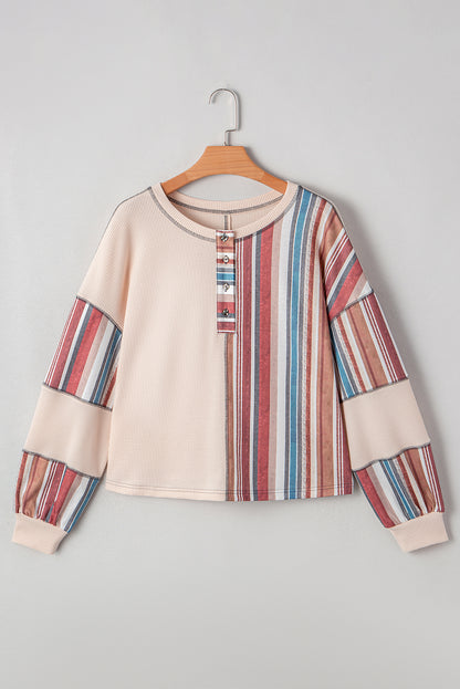 Stripe Waffle Knit Patchwork Raw Edge Henley Top