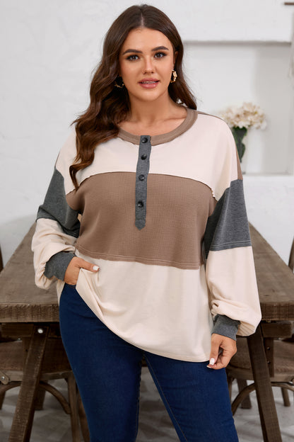 Plus Size Colorblock Waffle Knit Patchwork Half-Button Top