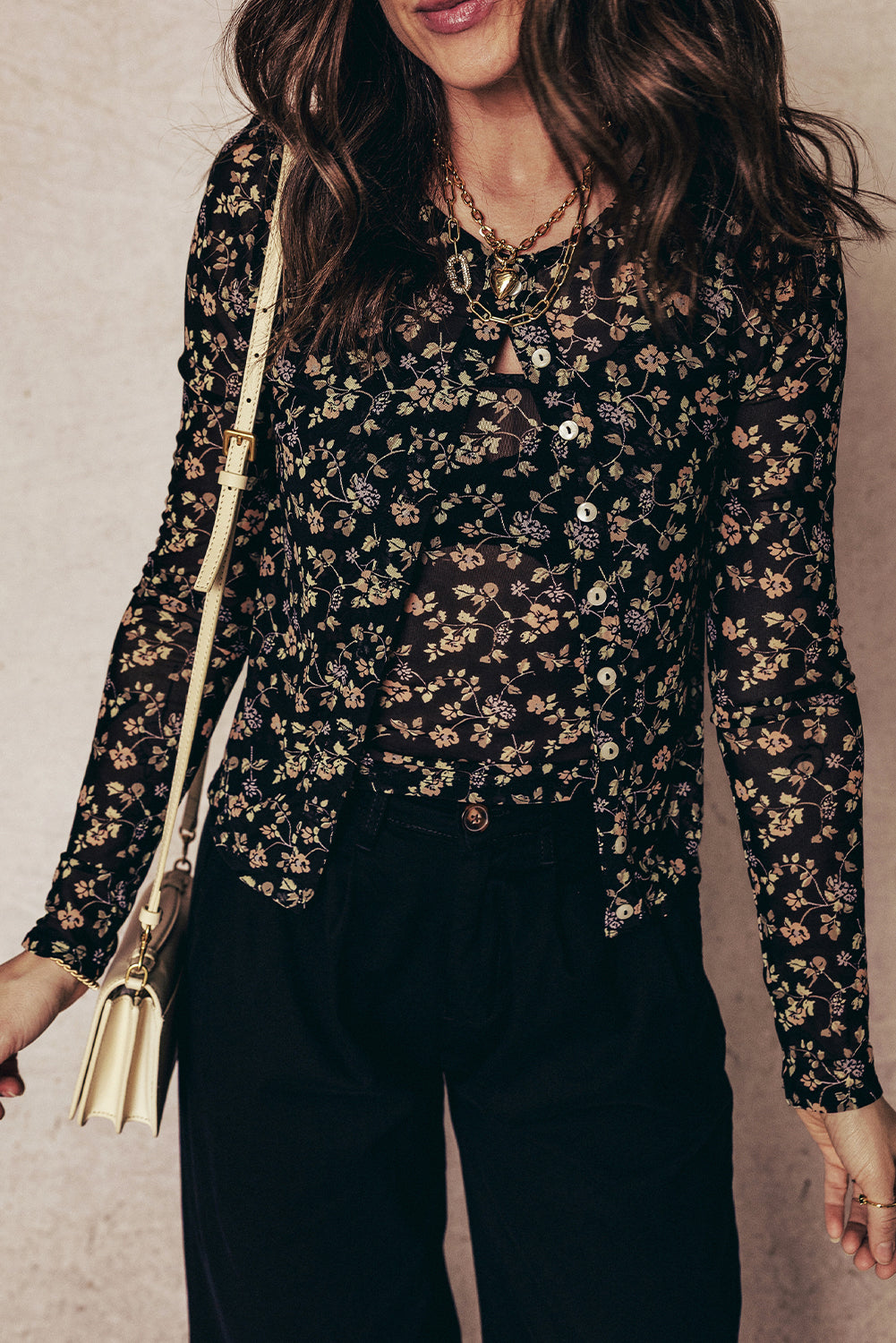 Floral Mesh Tank and Button-Front Cardigan Set