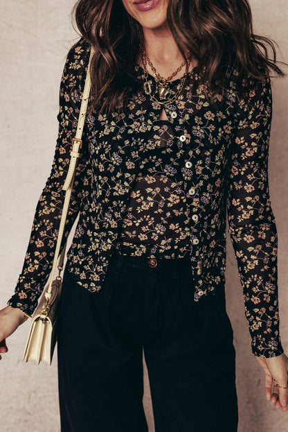 Floral Mesh Tank and Button-Front Cardigan Set