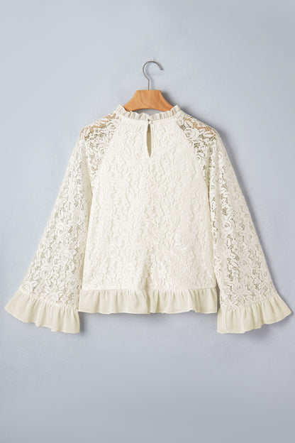 Sheer Lace Ruffle Trim Long Sleeve Blouse