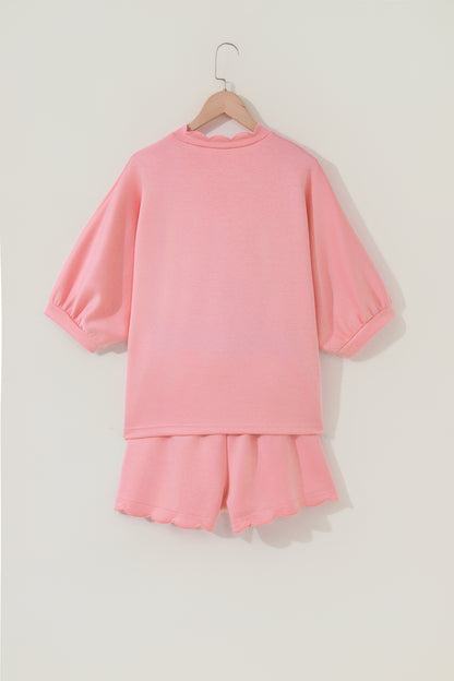 Scalloped V-Neck Dolman Top & Drawstring Short Set