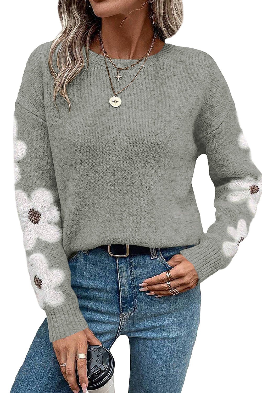 Floral Sleeve Drop Shoulder Sweater