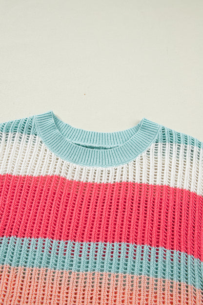 Stripe Colorblock Hollow-Out Short Sleeve Sweater