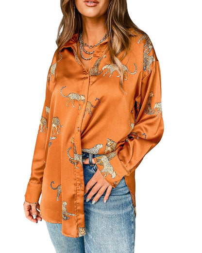 Cheetah Satin Button Up Shirt