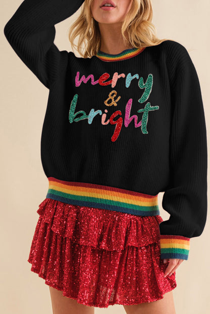 Glitter Merry & Bright Stripe Trim Sweater