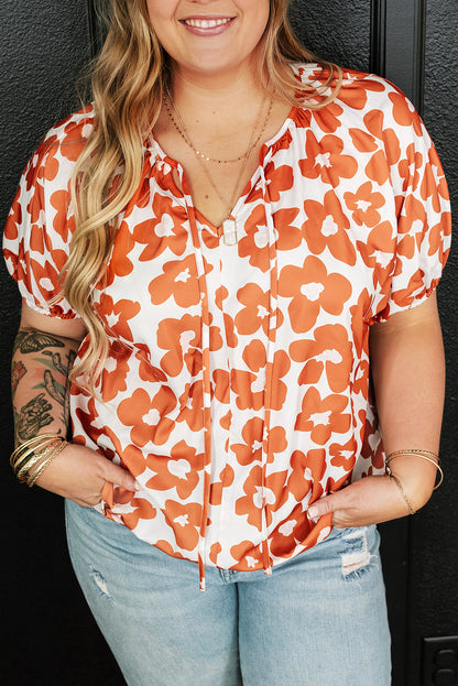 Floral Puff Sleeve V-Neck Blouse Plus Size