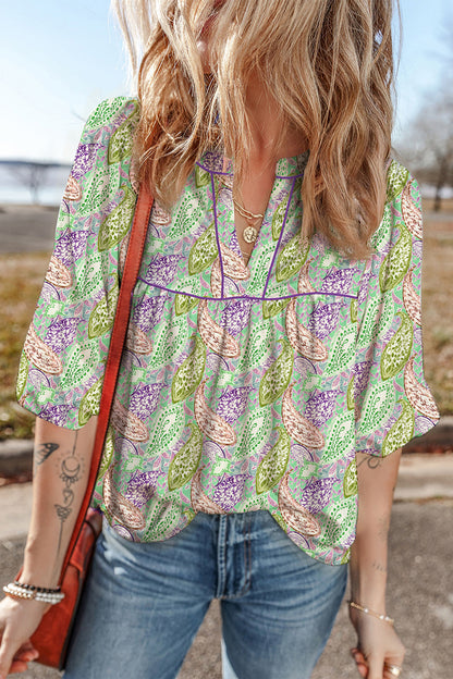 Boho Paisley Short Puff Sleeve V-Neck Blouse