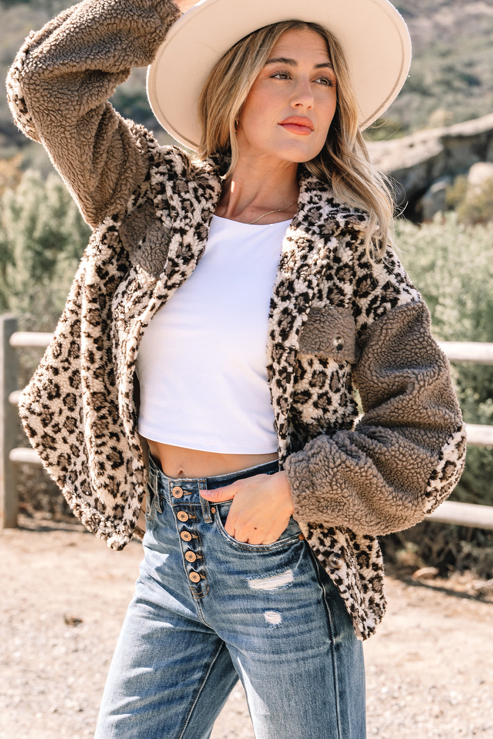Leopard Sherpa Patchwork Flap Pocket Buttoned Jacket