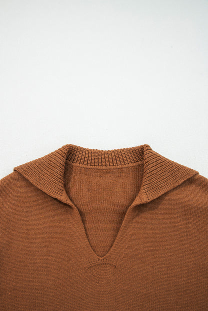 Solid Collared V-Neck Ribbed Edge Sweater