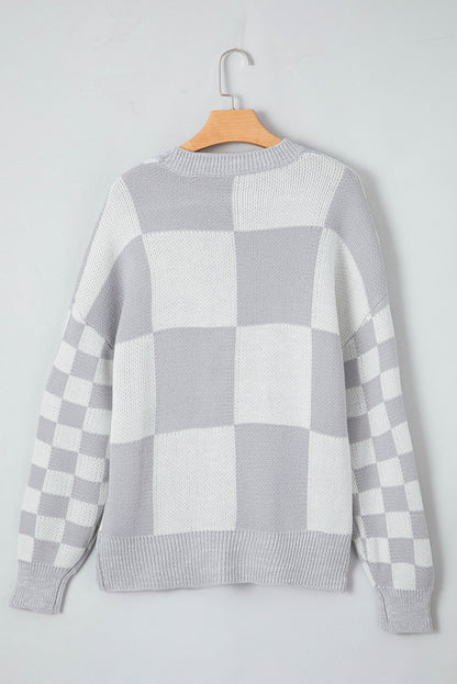 Checker Patchwork Ribbed Trim Sweater