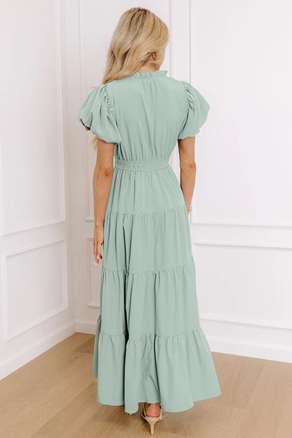 Solid V-Neck Short Puff Sleeve Tiered Maxi Dress