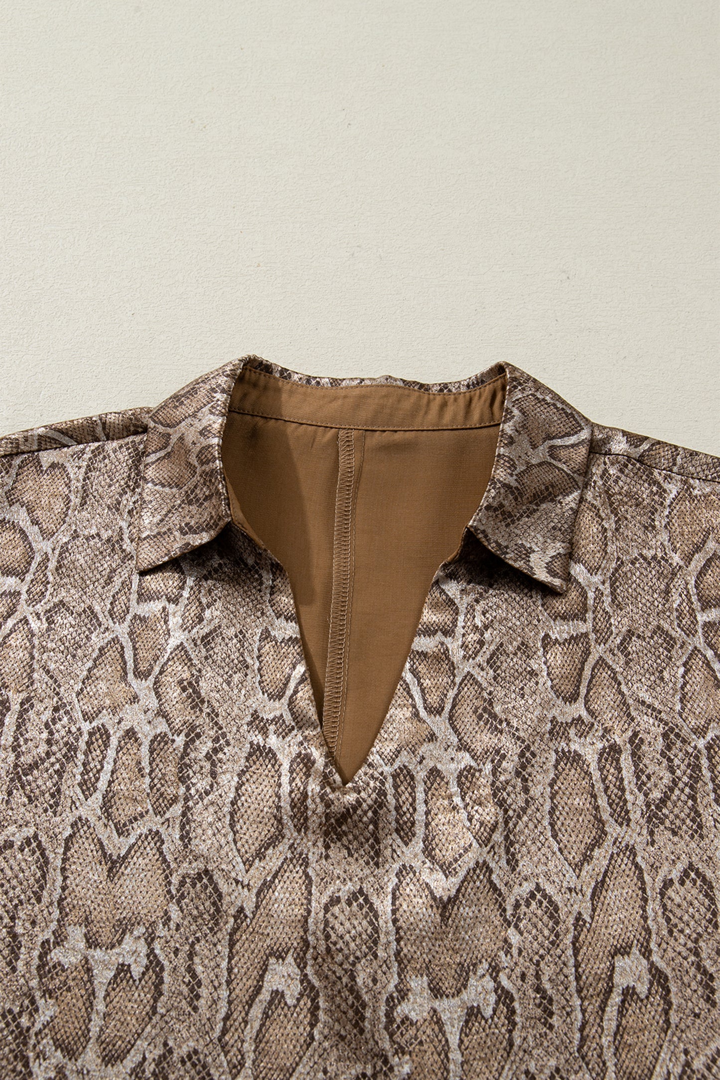 Snake Skin Metallic Polo Collared V-Neck Blouse