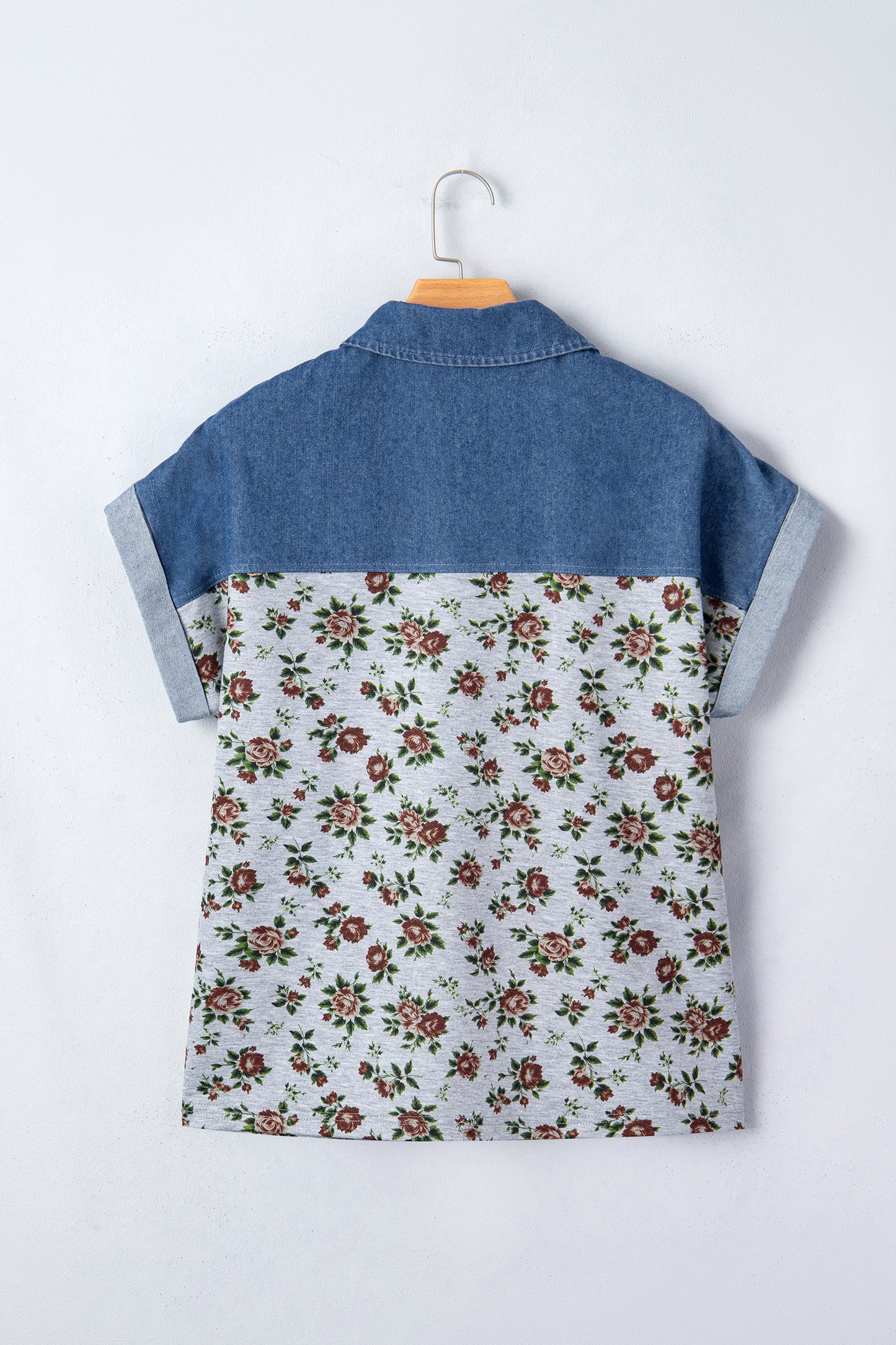 Floral Retro Denim Patchwork Buttoned Collar Top