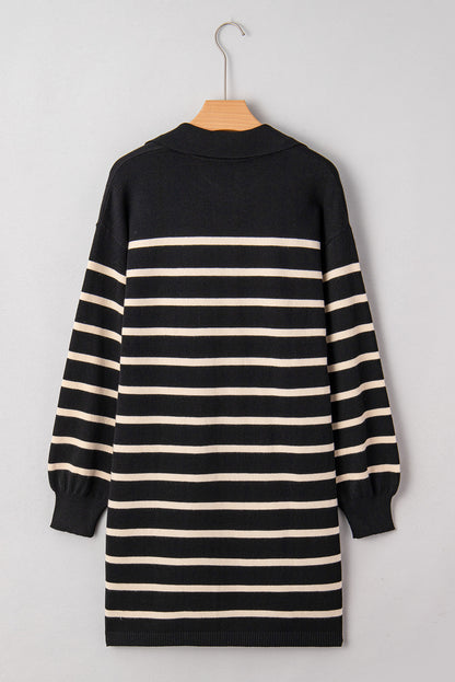 Stripe Puff Sleeve Collared Sweater Mini Dress