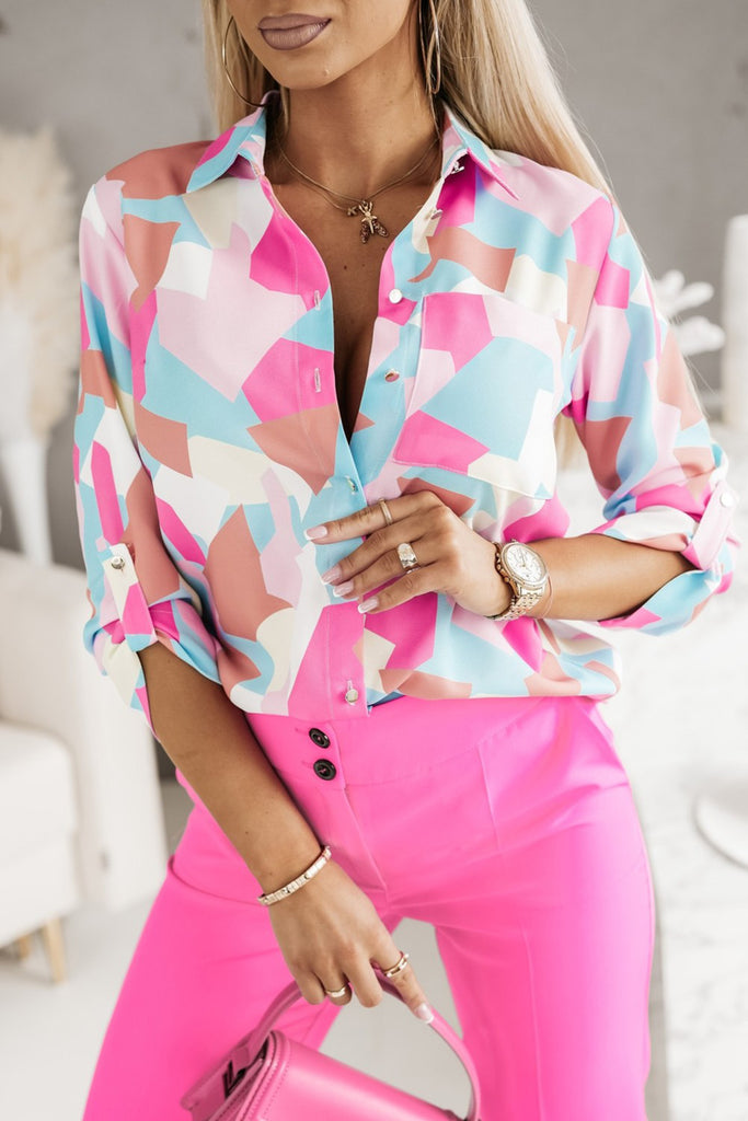 Geometric Button Down Rolled Sleeve Shirt