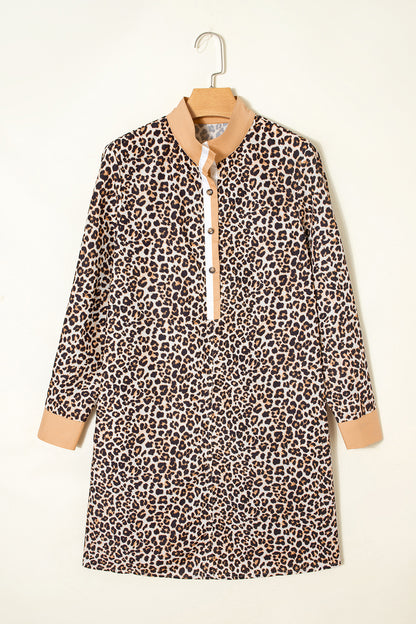 Leopard Stripe Collar Half Buttoned Flared Dress