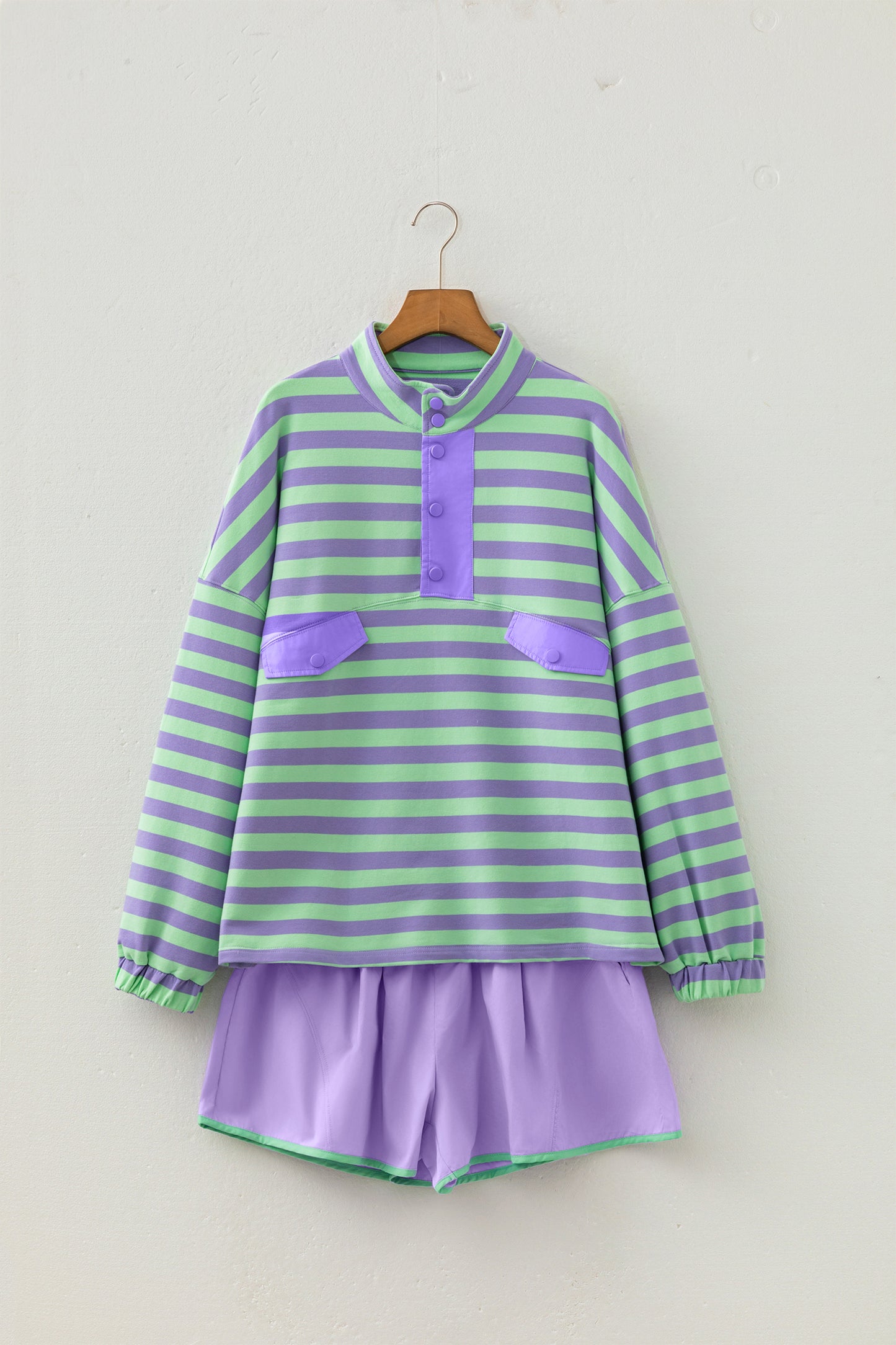 Stripe Half Button Long Sleeve Top and Shorts Set