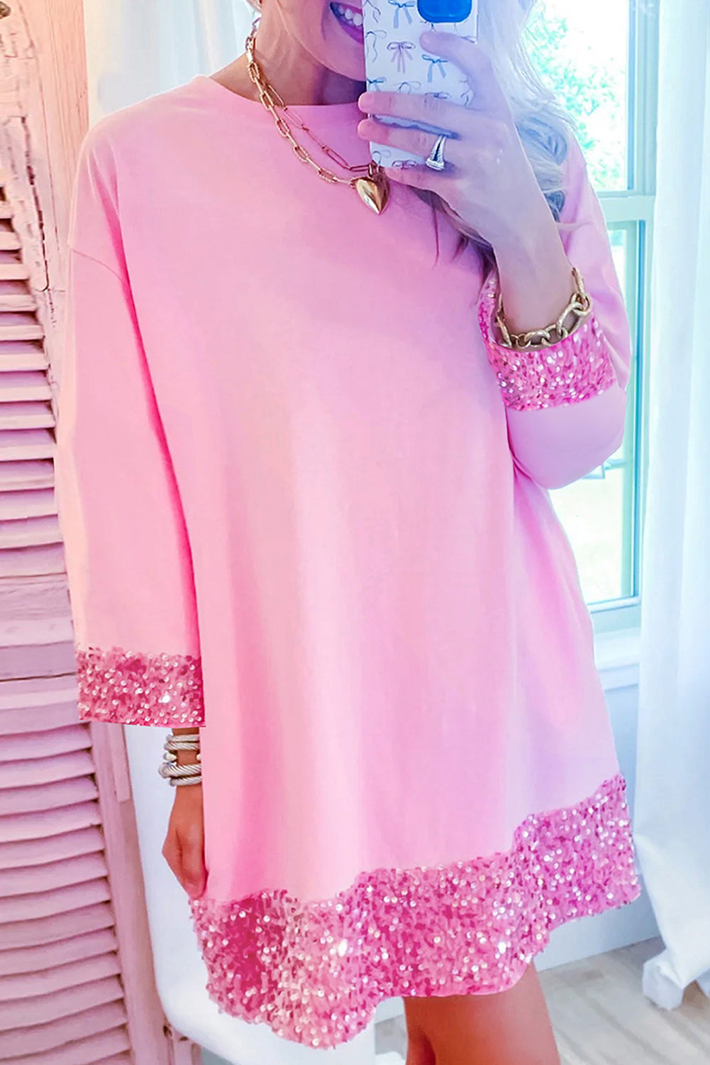 Sequin Trim 3/4 Sleeve Dress