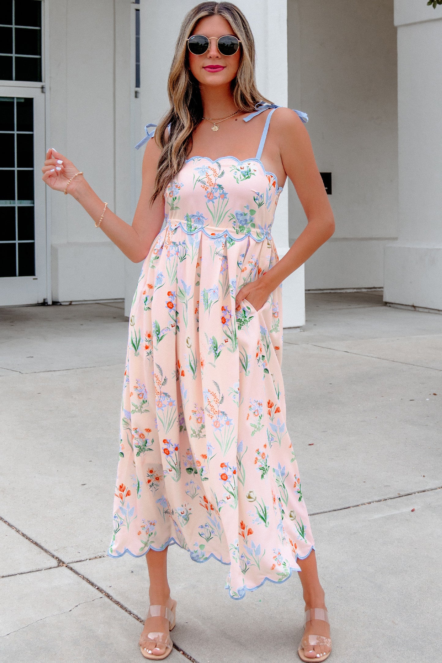 Floral Contrast Trim Tie Strap Midi Dress