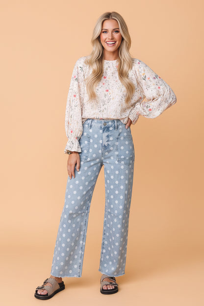 Polka Dot Denim Raw Hem Barrel Jeans