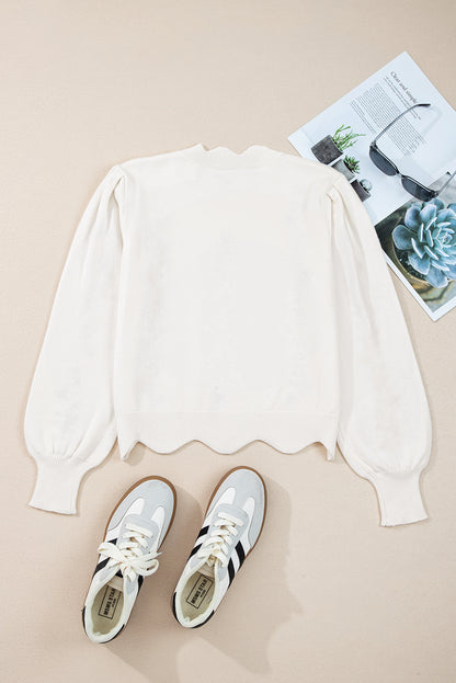 Floral Embroidered Scallop Hem Sweater