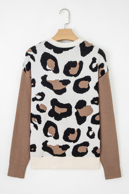 Leopard Colorblock Drop Shoulder V-Neck Sweater