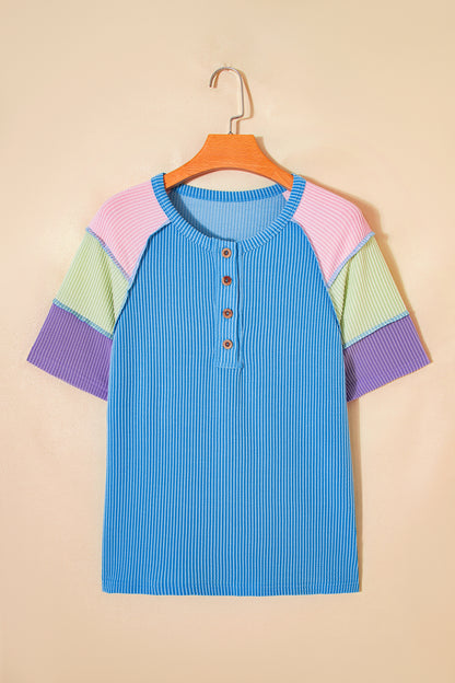 Colorblock Corded Knit Patchwork Henley Tee