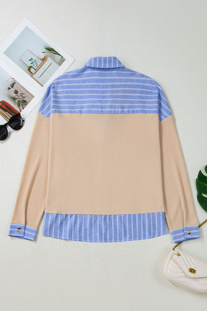 Plus Size Stripe Contrast Trim Waffle Knit Collared Top