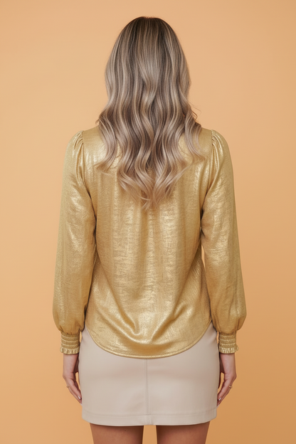 Metallic Tie V-Neck Long Sleeve Blouse