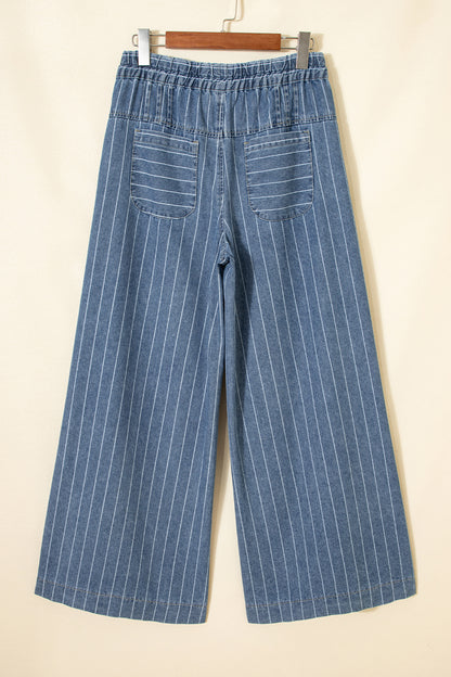 Plus Size Stripe Denim Buttoned Wide Leg Pants
