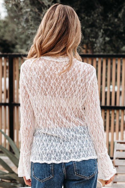 Sheer Lace Bell Sleeve Mock Neck Blouse