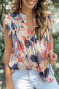 Abstract Split V-Neck Flutter Sleeve Top