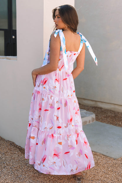 Floral Knotted Shoulder Smocked Maxi Dress