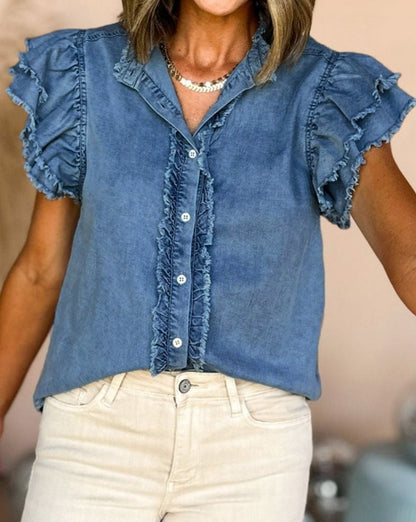 Denim Ruffle Frayed Buttoned Top