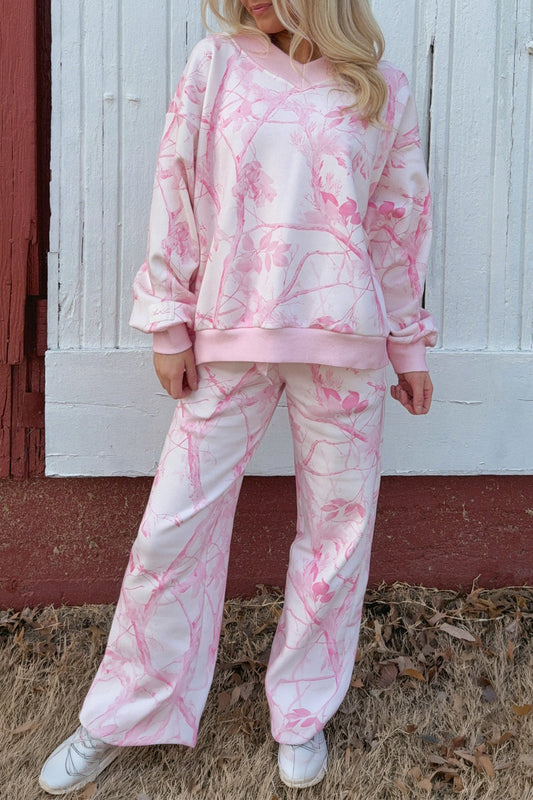 Camo V-Neck Long Sleeve Top & Pants Set