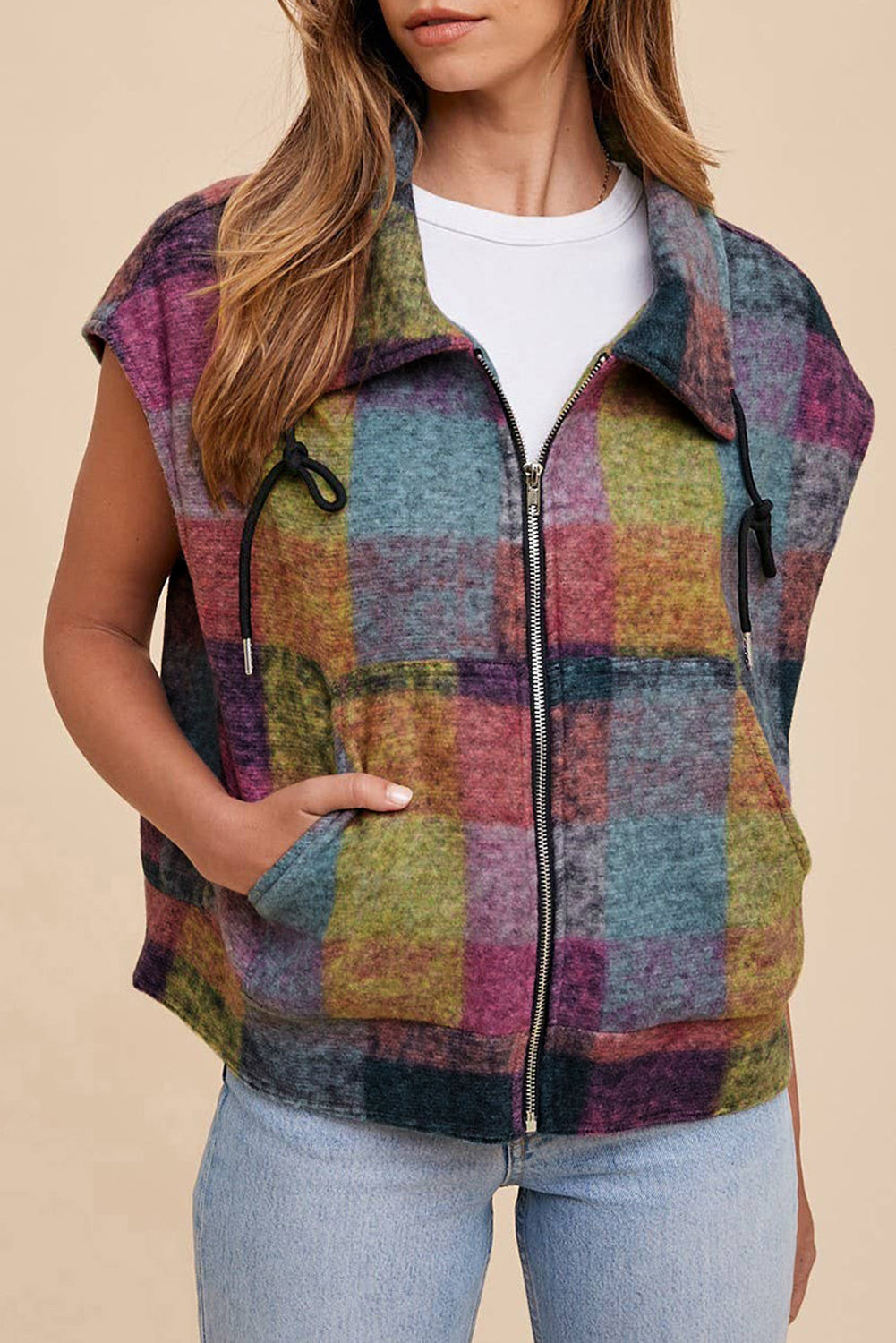 Plaid Side Pockets Zipped Vest