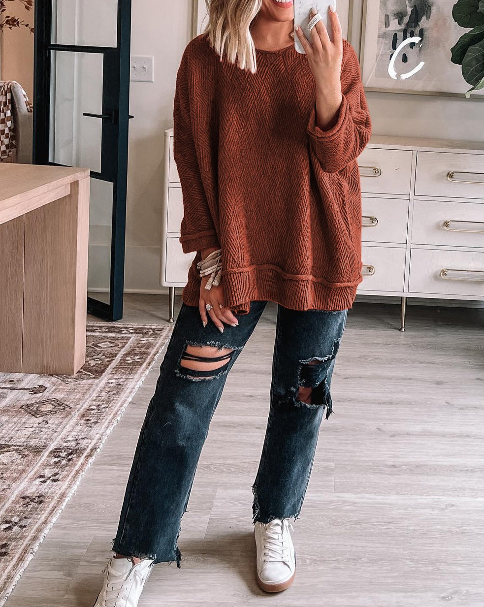 Textured Crewneck 3/4 Sleeve Sweater